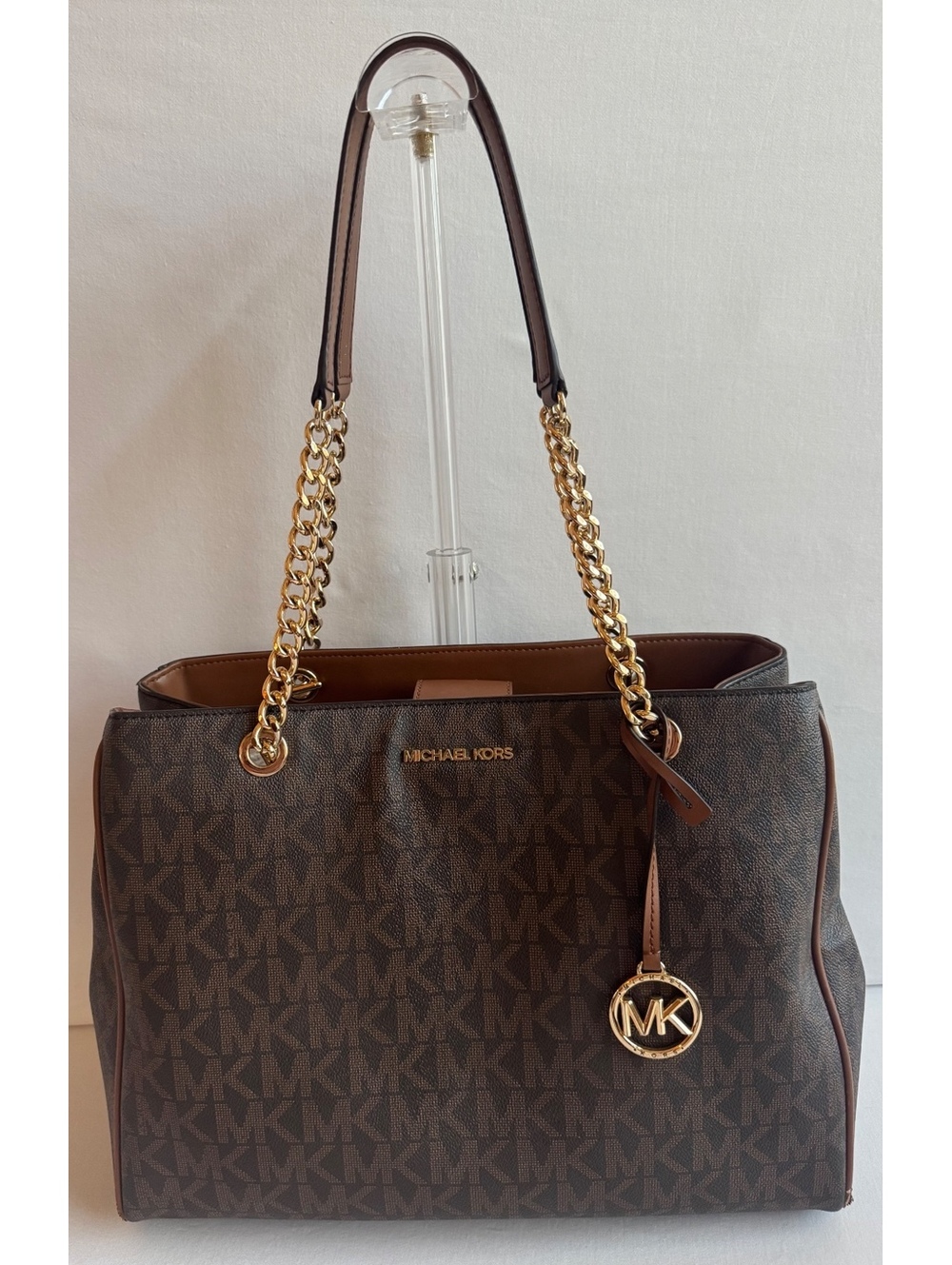 Michael Kors Signature Brown MK Chain Tote Shoulder Bag Gold Hardware Medallion